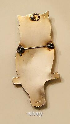 Vtg Sterling Silver Enamel Owl Bird Brooch Pin Pendant Guilloche Antique Large