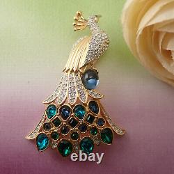 Vtg Swarovski Swan Stamp Peacock Bird Blue Green Crystal Gold Tone Pin Brooch