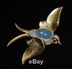 Vtg TRIFARI 1960s Fantasies Opal Moonstone, Jelly Belly, Rhinestone Bird Brooch