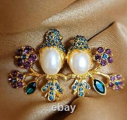 Vtg TRIFARI 2 Birds 1997 Jelly Belly Pearl Purple Flowers Gold Signed Dated