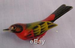 Vtg Takahashi Hand Painted Bunting Bird Pin Brooch Carved Wood with original card