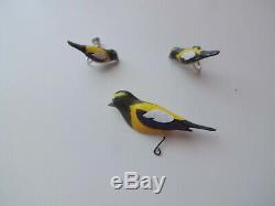Vtg Takahashi Stile Signed Hand Painted Carved Wood Bird Pin Brooch Earrings Set