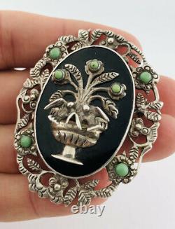 Vtg Taxco Mexico Sterling Silver & Turquoise Flower Pot Love Birds Pin Brooch