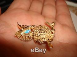 Vtg Unique Cocktail 3D Owl Bird Opal 14k Solid Gold Brooch Pin Animal Jewelry
