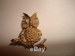 Vtg Unique Cocktail 3D Owl Bird Opal 14k Solid Gold Brooch Pin Animal Jewelry