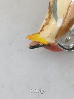 Vtg artist signed Carved Wood Hand Painted Takahashi Chickadee Bird Brooch Pin