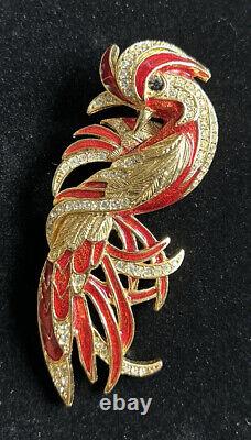 Vtg brooch Bird Red gold tone Enameled Phoenix crystals Huge3