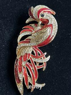 Vtg brooch Bird Red gold tone Enameled Phoenix crystals Huge3