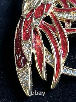 Vtg brooch Bird Red gold tone Enameled Phoenix crystals Huge3