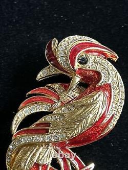 Vtg brooch Bird Red gold tone Enameled Phoenix crystals Huge3