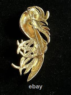 Vtg brooch Bird Red gold tone Enameled Phoenix crystals Huge3