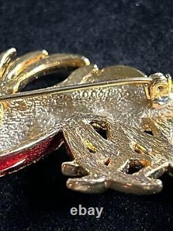 Vtg brooch Bird Red gold tone Enameled Phoenix crystals Huge3