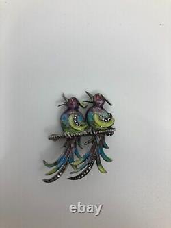 Vtg paradise bird parrot enamel marcasite silver 800 brooch