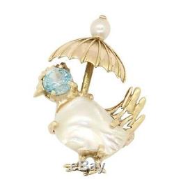 Women's Estate Vintage 14K Gold Bird with Umbrella Pearl Pin Brooch #31656B