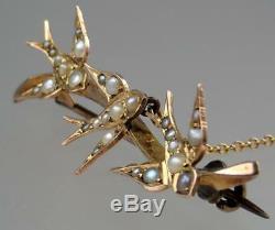 Wonderful Antique Edwardian 9K Gold Seed Pearl Swallows Bird Brooch Pin Pendant