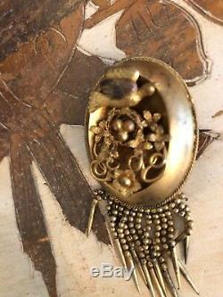 Wonderful Early Antique Etruscan Gilt Brooch Swallow Birds Nest Floral Pin