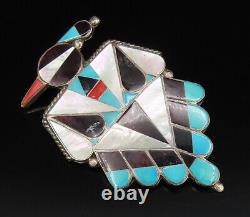 ZUNI NAVAJO 925 Silver Vintage Onyx & Stones Peyote Bird Brooch Pin BP10045