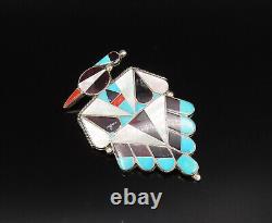 ZUNI NAVAJO 925 Silver Vintage Onyx & Stones Peyote Bird Brooch Pin BP10045