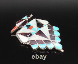 ZUNI NAVAJO 925 Silver Vintage Onyx & Stones Peyote Bird Brooch Pin BP10045