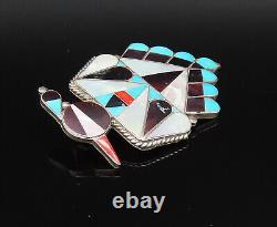 ZUNI NAVAJO 925 Silver Vintage Onyx & Stones Peyote Bird Brooch Pin BP10045