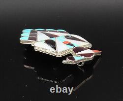 ZUNI NAVAJO 925 Silver Vintage Onyx & Stones Peyote Bird Brooch Pin BP10045